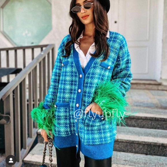 Zara * Plaid Knit Long Cardigan Jacket Blue - Picture 12 of 14